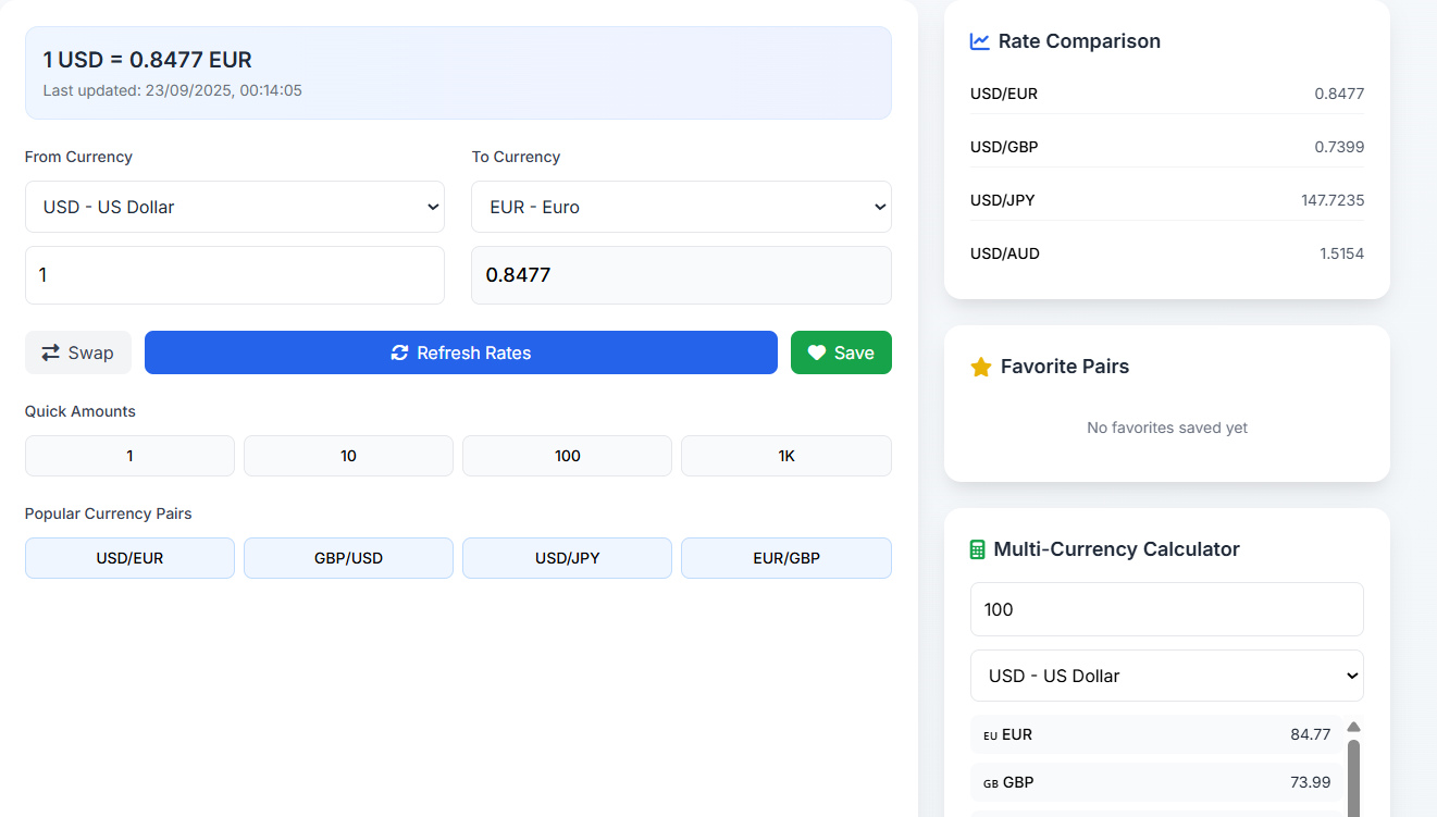 Interactive demo of our exchange rate calculator interface with multiple currency options